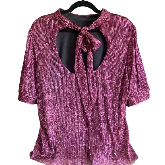 NWT Nordstrom Short Sleeve Pink Metallic Blouse with tie behind Neck. Size XXL - Picture 3 of 8